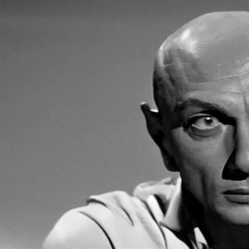 Prompt: a cinematic still of a disembodied head of Yul Brynner judging and scowling at the village that lives on the land below him