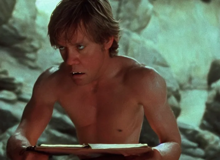 Image similar to screenshot photo of Luke Skywalker in the film temple of doom (1984) finding the ancient jedi texts in a rocky cave, Photographed with Leica Summilux-M 24 mm lens, ISO 100, f/8, Portra 400, 4K, anamorphic