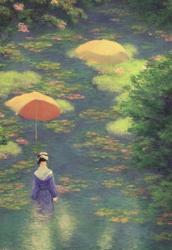 Image similar to tiny character in front of a beautiful japanese city in the mountain, amazing ryokans and gorgeous edo era houses. gorgeous epic nature, lofi, vivid colors, amazing light, by jeremy lipkin, by claude monet, heavily inspired by makoto shinkai, kandinsky touches, masterpiece, multiple brush strokes, impressionist style. divine