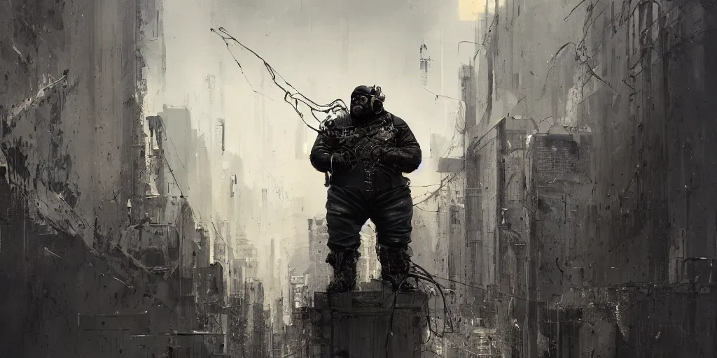 Image similar to portrait of a fat man sci fi soldier ranger, brutalist city architecture, dark epic, black and gold, cables and wires, high details, ceremonial clouds, dripping paint, fibonacci rhythm, artstation, art germ, wlop, pablo dominguez, sabbas apterus, award - winning, artstation