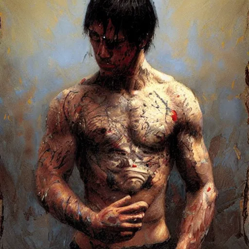 Image similar to An emo guy with a shredded body type painting by Gaston Bussiere, Craig Mullins