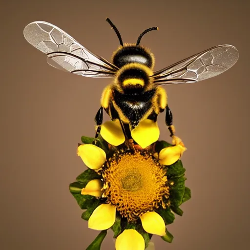 Image similar to a bee robot standing on a flower extracting nectar, seen with a macro lens, well detailed, artstation