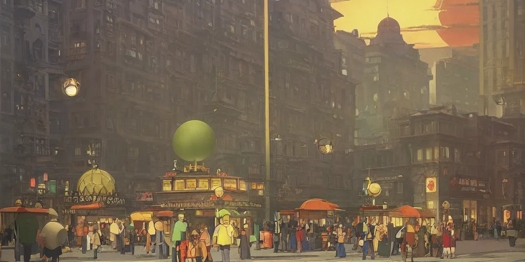 Prompt: A large radiant spherical object lights up an immense city square, dieselpunk, by Studio Ghibli and Edward Hopper