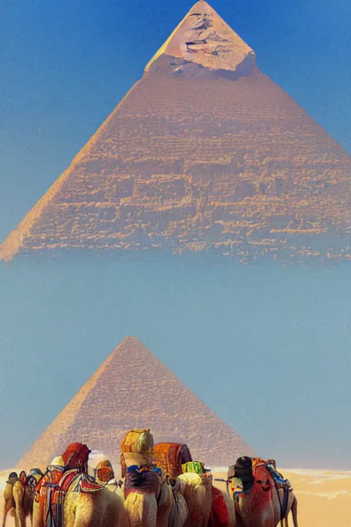 Image similar to beautiful Pyramids of Giza, Caravan of camels, by studio ghibli painting, superior quality, masterpiece, traditional Japanese colors, by Grzegorz Rutkowski, concept art