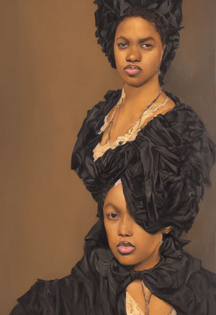 Image similar to a front portrait of a black woman in victorian attire oil on canvas, trending on artstation, digital art.