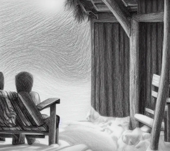 prompthunt: a pencil drawing of a boy and a girl with long flowing hair  sitting together on the porch of a cabin on a mountain overlooking a snowy  landscape. atmospheric lighting, romantic
