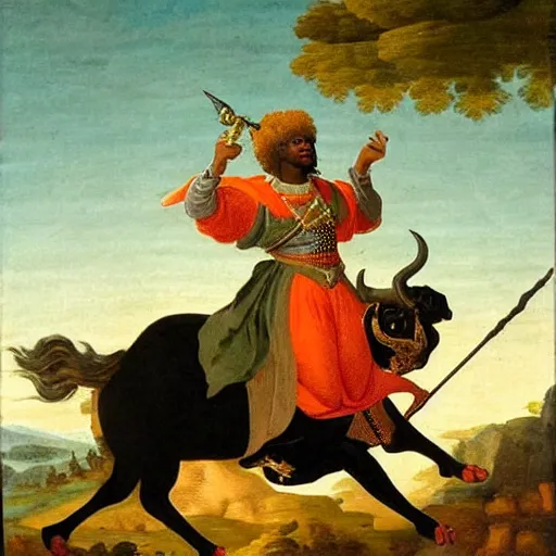 Image similar to black man with afro hair wearing an army green cloak, ( ( ( riding an orange bull ) ) ), renaissance style painting, stunning detail and accuracy