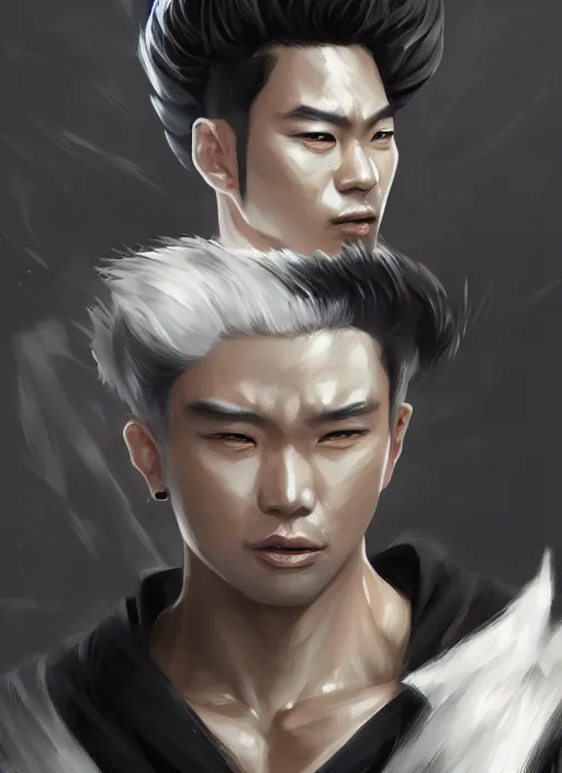 Image similar to a highly detailed illustration of fierce asian man with short white hair parted down middle, wearing white kimono with black shirt, with black sclera eyes, heroically battle posing, muscular, intricate, elegant, highly detailed, centered, digital painting, artstation, concept art, smooth, sharp focus, league of legends concept art, WLOP