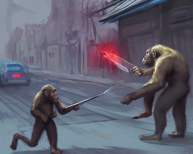 Prompt: Bored Ape getting stabbed and murdered on the street, concept art, artstation