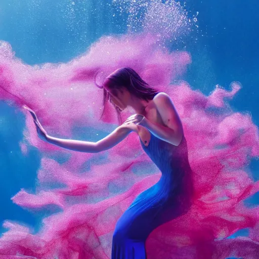 Image similar to woman dancing underwater wearing a flowing dress made of blue, magenta, and yellow seaweed, delicate coral sea bottom, swirling silver fish, swirling smoke shapes, octane render, caustics lighting from above, cinematic, hyperdetailed