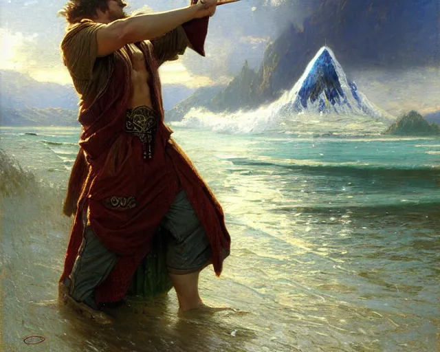 Image similar to attractive male wizard casting powerful tsunami wave spell in a beautiful lake. highly detailed painting by gaston bussiere, craig mullins, j. c. leyendecker 8 k