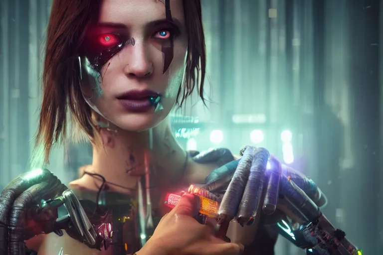 Prompt: Cyborg ​​girl transforming face fangs, syringes, forest, fog, volumetric light, cinematic, style by Cyberpunk 2077
