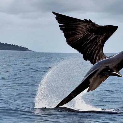 Image similar to enormous bird of prey carrying a dolphin in its talons, photo realistic, 8 k, high detail,