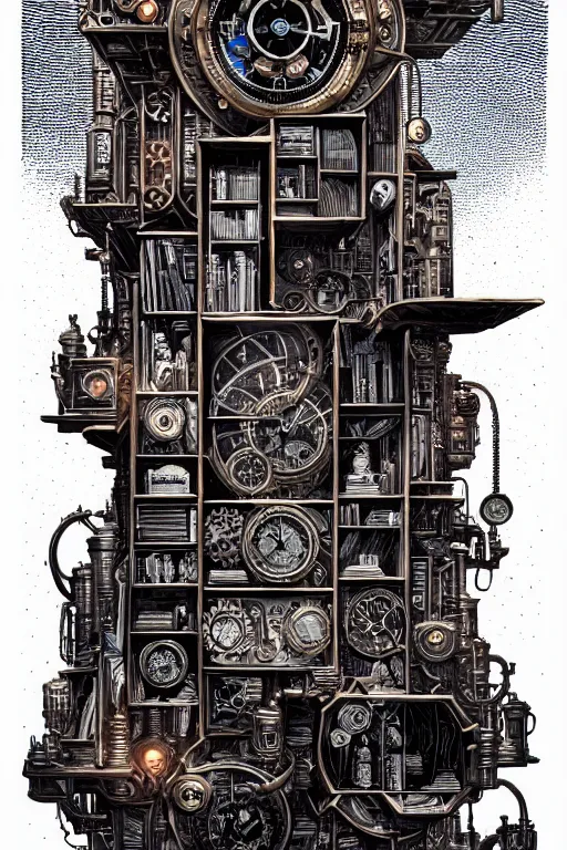 Image similar to a majestic steampunk alchemists bookshelf, two point perspective, furniture, high details, bold line art, by vincent di fate and joe fenton, inking, etching, screen print, masterpiece, trending on artstation, sharp, high contrast, hyper - detailed,, hd, 4 k, 8 k