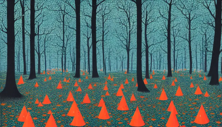 Prompt: safety cones scattered around an oak tree forest checker board forest floor, by james jean by ilya kuvshinov kintsugi, hyper detailed surrealist painting