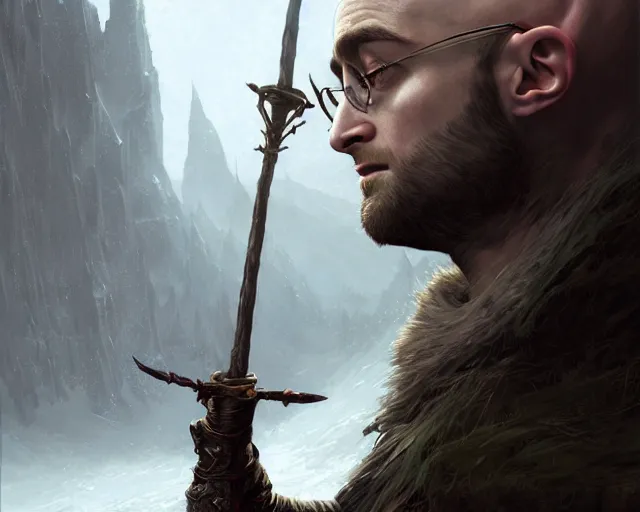 Image similar to highly detailed portrait of daniel radcliffe as a fantasy bald elf holding a magic staff, in skyrim, stephen bliss, unreal engine, fantasy art by greg rutkowski, loish, rhads, ferdinand knab, makoto shinkai and lois van baarle, ilya kuvshinov, rossdraws, tom bagshaw, global illumination, radiant light, detailed and intricate environment