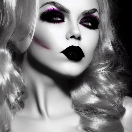 Prompt: modeling photograph kerli koiv, blonde, femme fatale jessica rabbit, beautiful, dark, mysterious, bubble goth makeup, detailed flawless face, dramatic darkroom lighting high exposure, head and shoulders 8 0 mm camera