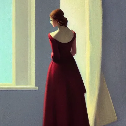 Image similar to beautiful woman in elegant clothing under soft blue light and standing in a burgundy room with vacant stare by edward hopper, arcimboldo, david lynch, greg rutkowski,, trending on artstation