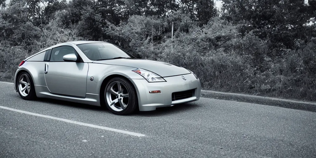 Prompt: Beautiful Photograph of Nissan 350z on a road in Japanese countryside, Night