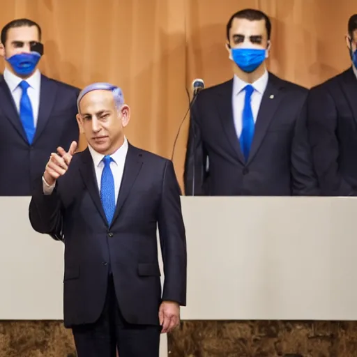 Image similar to photograph of Benjamin Netanyahu giving a speech while bodyguards wearing suits and medical masks are standing behind him ,a podium is in front of him, cinematic lighting, official media, HQ, 4K, news photography