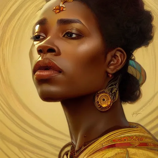 Image similar to beautiful Zulu goddess pondering, intricate, elegant, highly detailed, digital painting, artstation, concept art, smooth, sharp, focus, illustration, art by artgerm and greg rutkowski and alphonse mucha