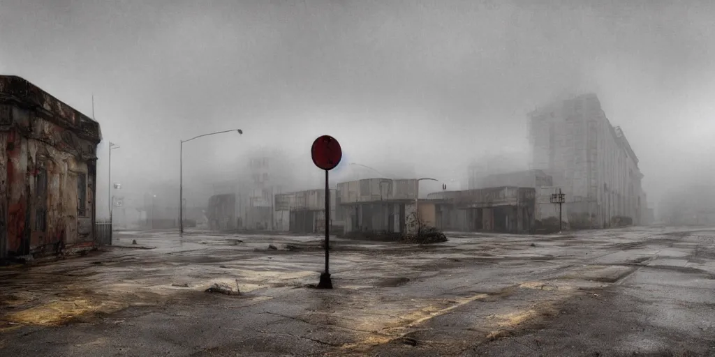 Prompt: wide angle shot of dilapidated silent hill in real life, desolate town, empty streets, nightmarish, some rusted retro futuristic parked cars, overcast, blankets of fog pockets, rain, volumetric lighting, beautiful, daytime, autumn, sharp focus, ultra detailed, cgsociety