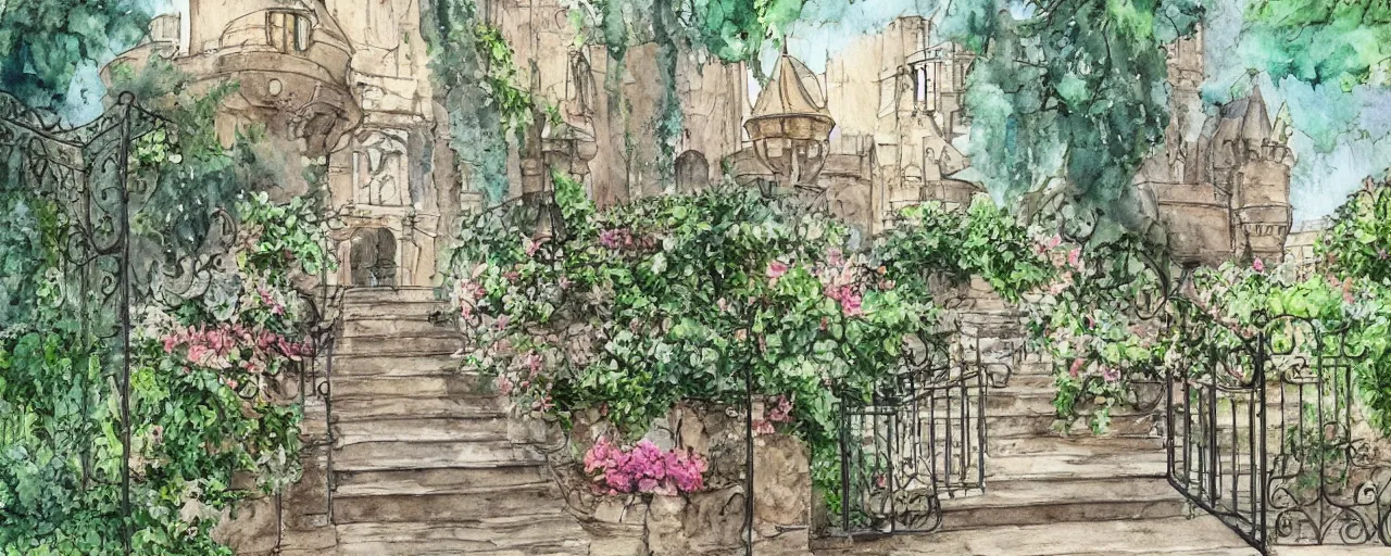 Image similar to huge flower, courtyard walkway, castle, stairway, chairs, wrought iron, gate, tree, delicate, botanic garden, road, botanical herbarium paper, watercolor colored painting, iridescent colors, 8 k, realistic shaded, fine details, artstation, italian style, colonnade