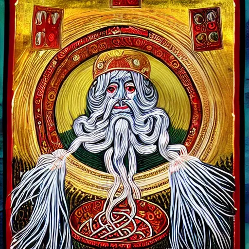 Image similar to flying spaghetti monster portrait, portrait of flying spaghetti monster, style of ancient byzantine icon, style of roman catholic, style of patron saint, orthodox, noodly appendage