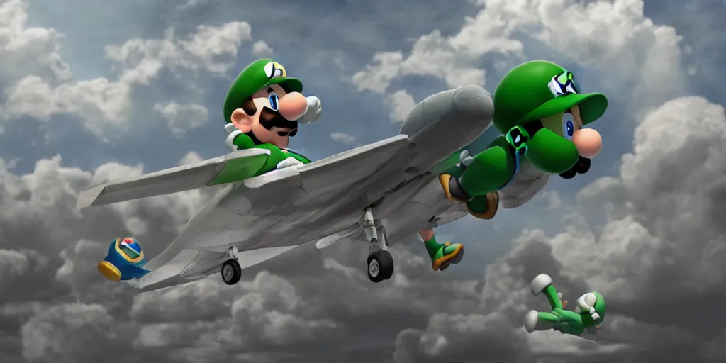 Image similar to luigi from super mario flying a boeing 3 7 3, realistic 4 k octane beautifully detailed render, 4 k post - processing, highly detailed, intricate complexity, epic composition, magical atmosphere, cinematic lighting, masterpiece, ultra hd