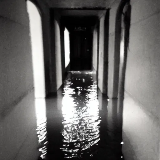 Prompt: a hallway that was built in 1 9 0 1 flooding with musty water, phone camera flash, grainy footage, liminal space, dark, eerie,