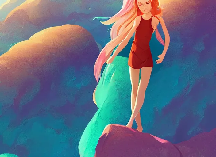 Prompt: a beautiful young woman with rainbow hair standing on a clifftop. clean cel shaded vector art. shutterstock. behance hd by lois van baarle, artgerm, helen huang, by makoto shinkai and ilya kuvshinov, rossdraws, illustration, art by ilya kuvshinov