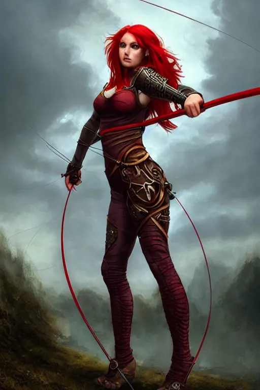 Prompt: Female archer, dnd, d&d, leggins, red skintight leather armor, red hair, Low-Angle, visible face!, beautiful face!, alluring, toned derriere, high fantasy, realistic!, matte painting, by wlop, by tomasz alen kopera, cgsociety