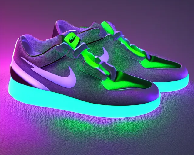 Image similar to nike sneakers with neon lights from below, 3d render, new design, futuristic style, highly detailed, award winning, studio lighting