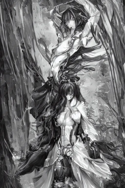 Image similar to a vertical portrait of a character in a scenic environment by Yoshitaka Amano, black and white, dreamy, cybernetic suit, wavy long black hair, highly detailed