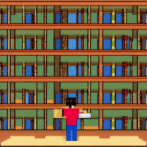 Prompt: pixel art of a man playing guitar inside the worlds biggest library