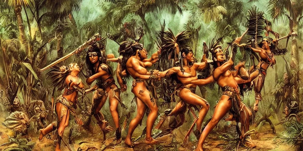 Image similar to battle in jungle, brutal aztec and Amazonian fight, epic, vintage, blood, slight inspiration of Boris vallejo and apocalypto, war photography