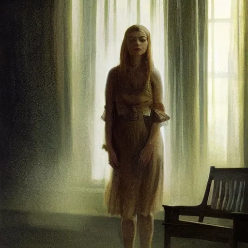 Prompt: ultra realistic medium shot of elle fanning in prey, art by frank frazetta and michael sowa, roger deakin ’ s cinematography, 4 k, ultra realistic, head and shoulders, oil on canvas, highly detailed, epic lighting