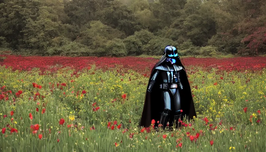 Prompt: wide shot of darth vader going through a field of flowers, realistic, detailed