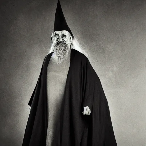 Prompt: Wizard with a ominous smile, top of face in shadow, clad in a robe, portrait