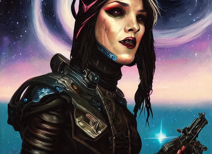 Image similar to portrait of female space pirate, night sky background, beautiful! coherent! by brom, deep color, strong line, high contrast