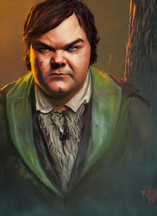 Prompt: A fantasy comic book style portrait painting of a jack black as a slender hobbit in a atmospheric forest setting, unreal 5, DAZ, hyperrealistic, octane render, RPG portrait, ambient light, dynamic lighting