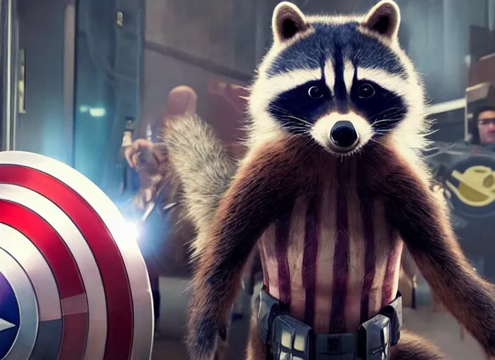 Image similar to film still of Rocket Racoon working at McDonald's in the new Avengers movie, 4k