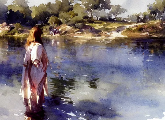 Image similar to watercolor painting of sunny summer morning, calm water, art by anders zorn, wonderful masterpiece by greg rutkowski, beautiful cinematic light, american romanticism by greg manchess, creation by tyler edlin, aquarelle