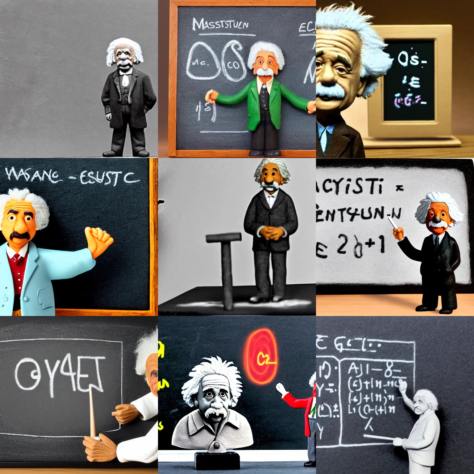 Prompt: claymation miniature scene of albert einstein standing in front of miniature blackboard writing the mass - energy equivalence with chalk, anatomically correct, hands retouched