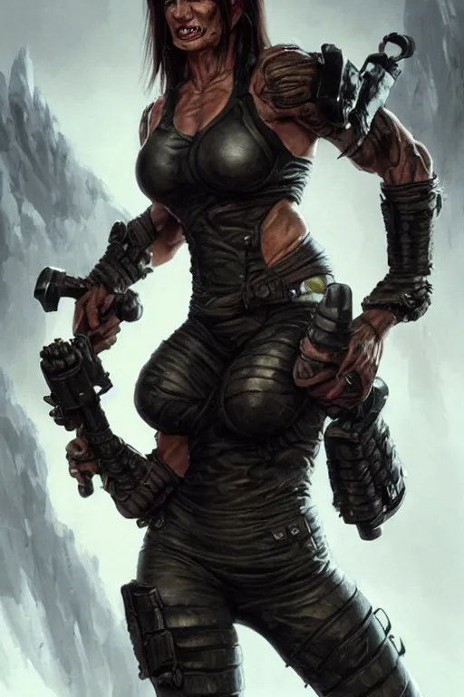 Image similar to gina carano as a shadowrun ork with prothesis metallic left arm, tusk, casual black clothing, muscular, realistic proportions, casual pose, large portrait, sci - fi, rpg character, digital painting, artstation, concept art, smooth, 8 k frostbite 3 engine, ultra detailed, art by artgerm and greg rutkowski and magali villeneuve