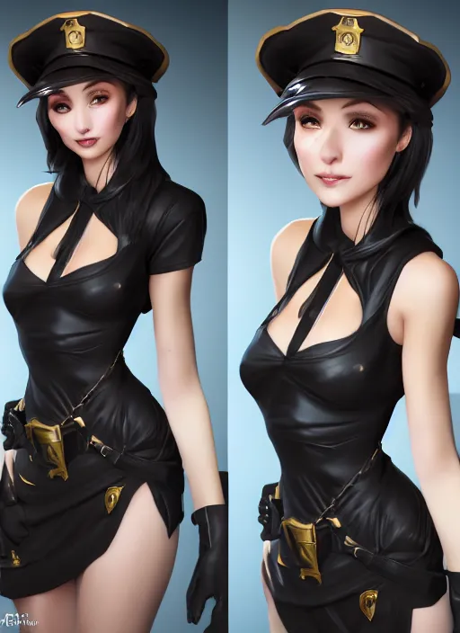 Image similar to caitlyn from league of legends, wearing black dress police hat, pearl skirt, hyper detailed, digital art, trending in artstation, cinematic lighting, studio quality, smooth render, unreal engine 5 rendered, octane rendered, art style by klimt and nixeu and ian sprigger and wlop and krenz cushart