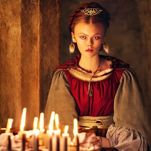 Image similar to frida gustavsson wearing 1 8 th century stay in a medieval tavern at night with candles, wow 4 k detail fantasy, matte painting, realistic materials, photo realistic, postprocessing, cinematic, hyperrealistic, studio lighting, ekaterina, the tudors, photography by richard jenkins