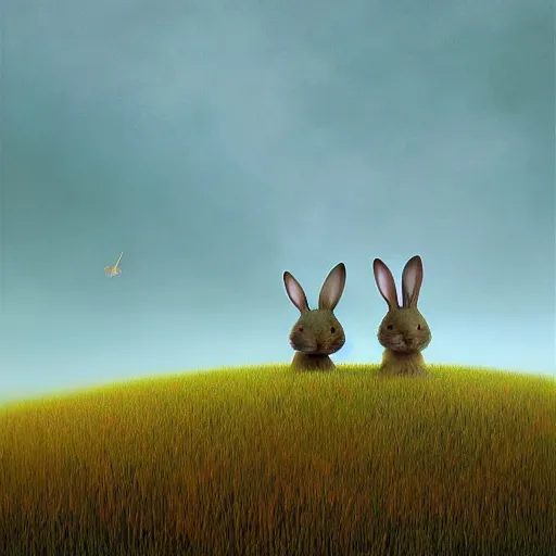 Image similar to adorable rabbits in verdant fields, delight! by zdzislaw beksinski and gediminas pranckevicius and tiffany bozic, cold hues, warm tone gradient background, concept art, beautiful composition, digital painting