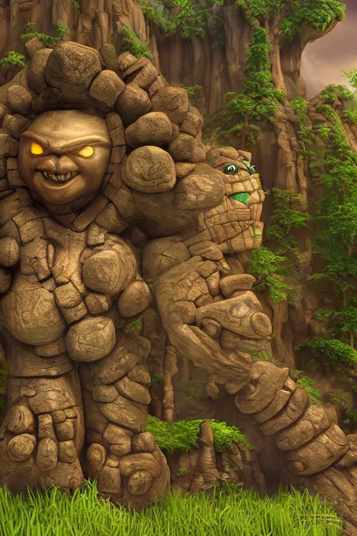 Image similar to zelda fantasy art giant golem troll wood rock greeble gemstone, global illumination ray tracing hdr fanart arstation by sung choi and eric pfeiffer and gabriel garza and casper konefal