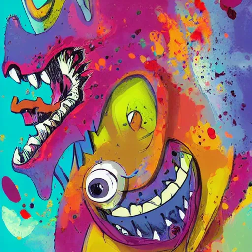 Prompt: colorful illustration of monster, splatters, by zac retz and junji ito